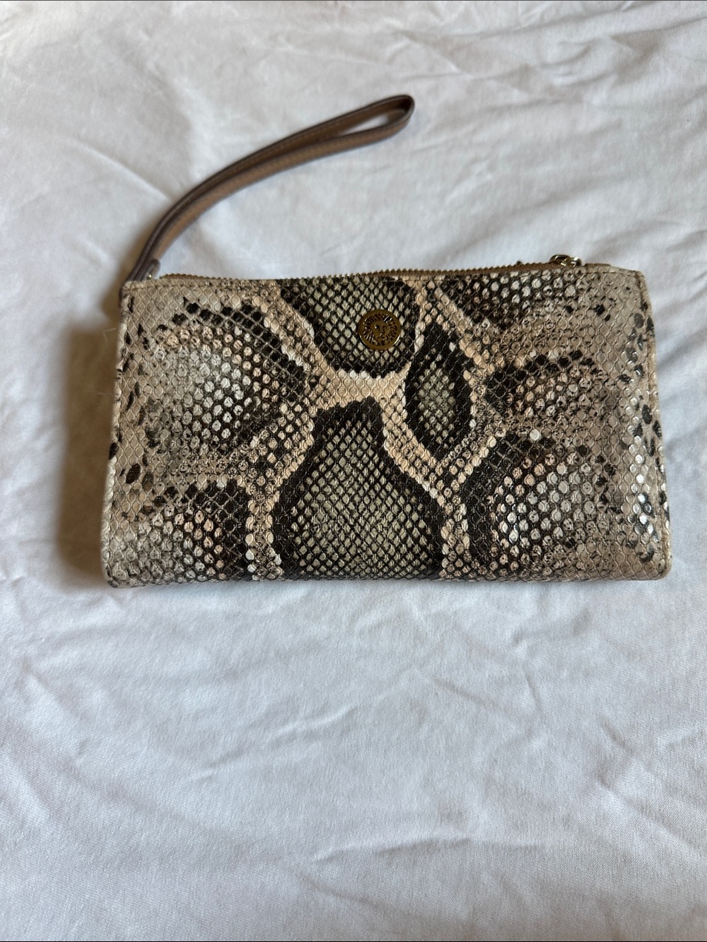 Anne Klein Snake-Print Wristlet in Beige and Brown